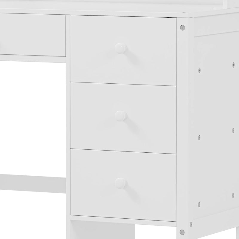 Bureau d'écriture rétro blanc/expresso avec chaise, 4 tiroirs et étagère, pour une personne