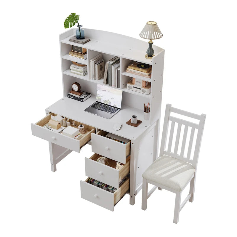 Bureau d'écriture rétro blanc/expresso avec chaise, 4 tiroirs et étagère, pour une personne