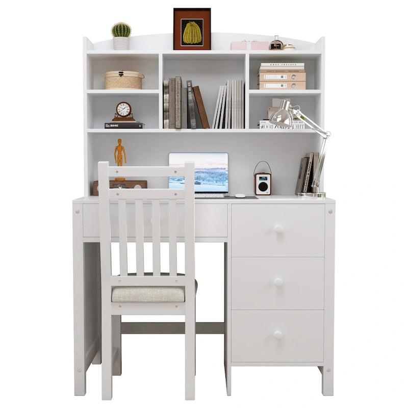 Bureau d'écriture rétro blanc/expresso avec chaise, 4 tiroirs et étagère, pour une personne