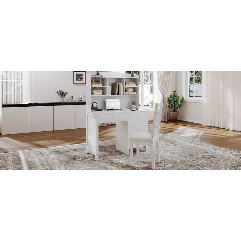 Bureau d'écriture rétro blanc/expresso avec chaise, 4 tiroirs et étagère, pour une personne
