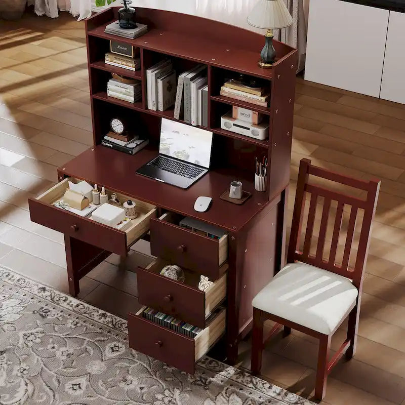 Bureau d'écriture rétro blanc/expresso avec chaise, 4 tiroirs et étagère, pour une personne