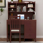 Bureau d'écriture rétro blanc/expresso avec chaise, 4 tiroirs et étagère, pour une personne