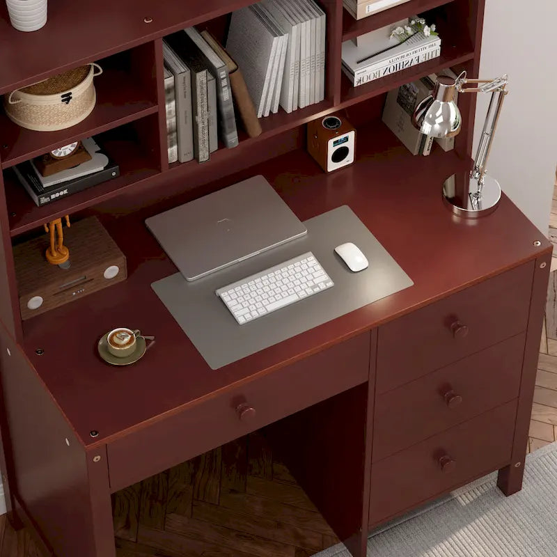 Bureau d'écriture rétro blanc/expresso avec chaise, 4 tiroirs et étagère, pour une personne