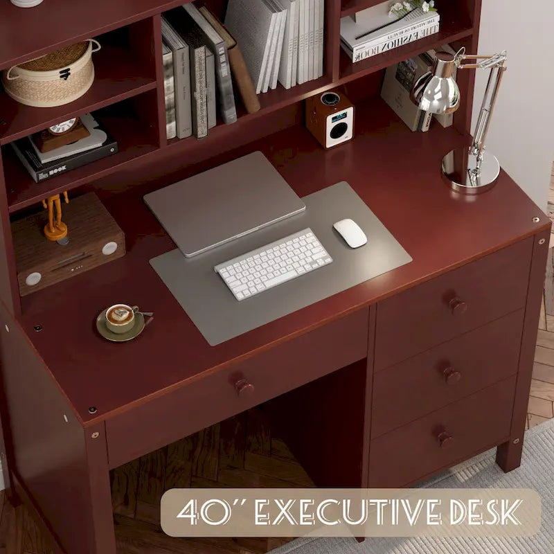 Bureau d'écriture rétro blanc/expresso avec chaise, 4 tiroirs et étagère, pour une personne