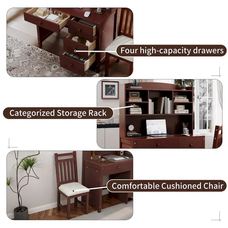 Bureau d'écriture rétro blanc/expresso avec chaise, 4 tiroirs et étagère, pour une personne