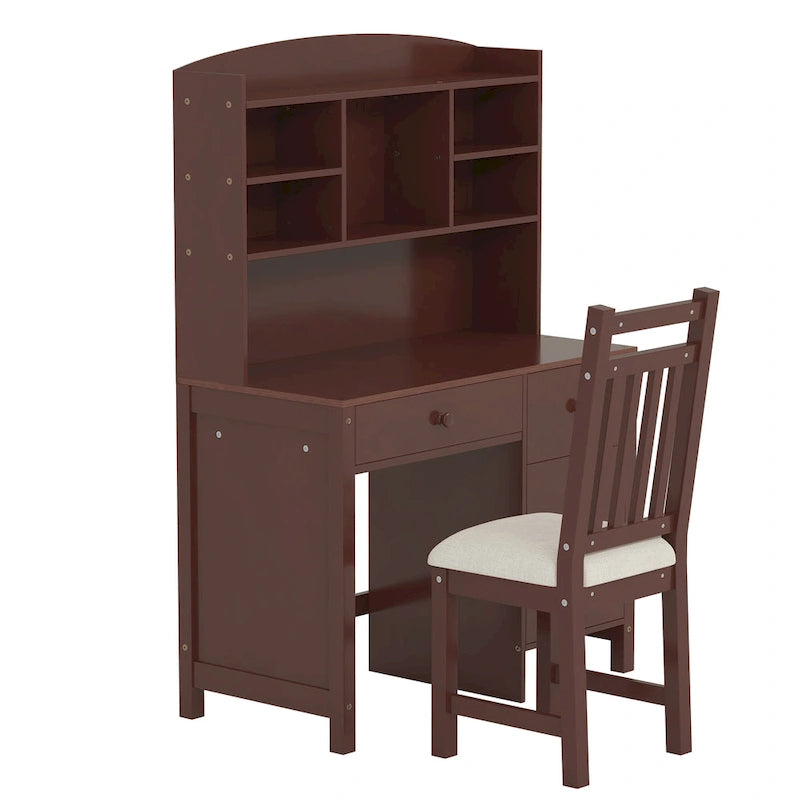 Bureau d'écriture rétro blanc/expresso avec chaise, 4 tiroirs et étagère, pour une personne