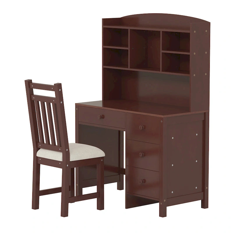 Bureau d'écriture rétro blanc/expresso avec chaise, 4 tiroirs et étagère, pour une personne