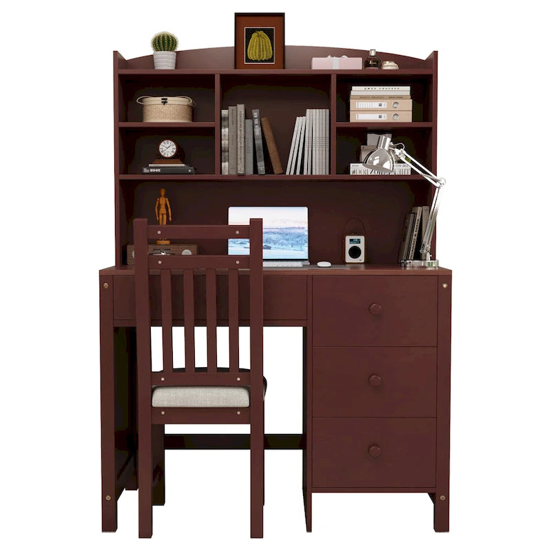 Bureau d'écriture rétro blanc/expresso avec chaise, 4 tiroirs et étagère, pour une personne
