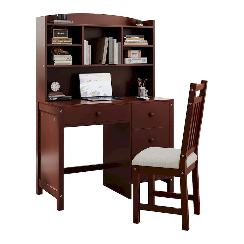 Bureau d'écriture rétro blanc/expresso avec chaise, 4 tiroirs et étagère, pour une personne