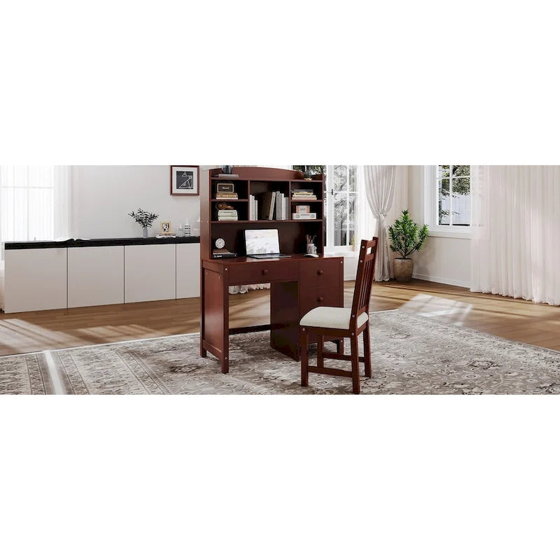 Bureau d'écriture rétro blanc/expresso avec chaise, 4 tiroirs et étagère, pour une personne