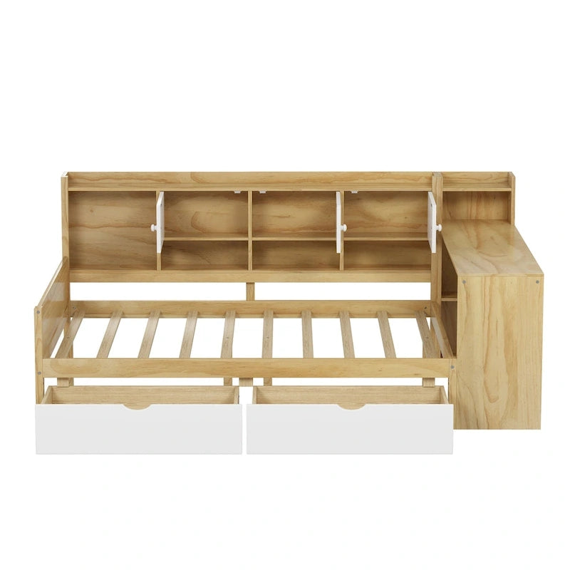Canapé de jour d'angle en L naturel/blanc avec rangement et bureau, une place