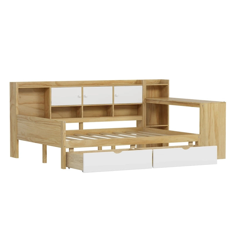 Canapé de jour d'angle en L naturel/blanc avec rangement et bureau, une place