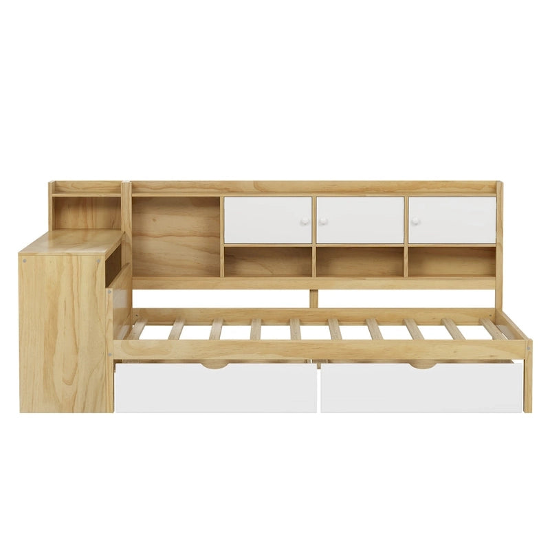Canapé de jour d'angle en L naturel/blanc avec rangement et bureau, une place