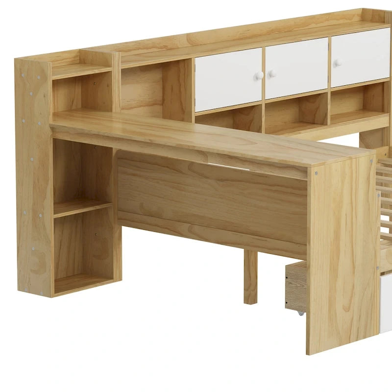 Canapé de jour d'angle en L naturel/blanc avec rangement et bureau, une place