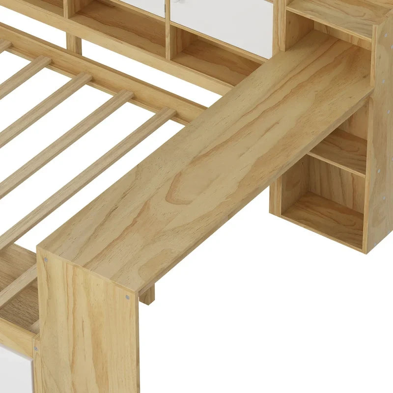 Canapé de jour d'angle en L naturel/blanc avec rangement et bureau, une place