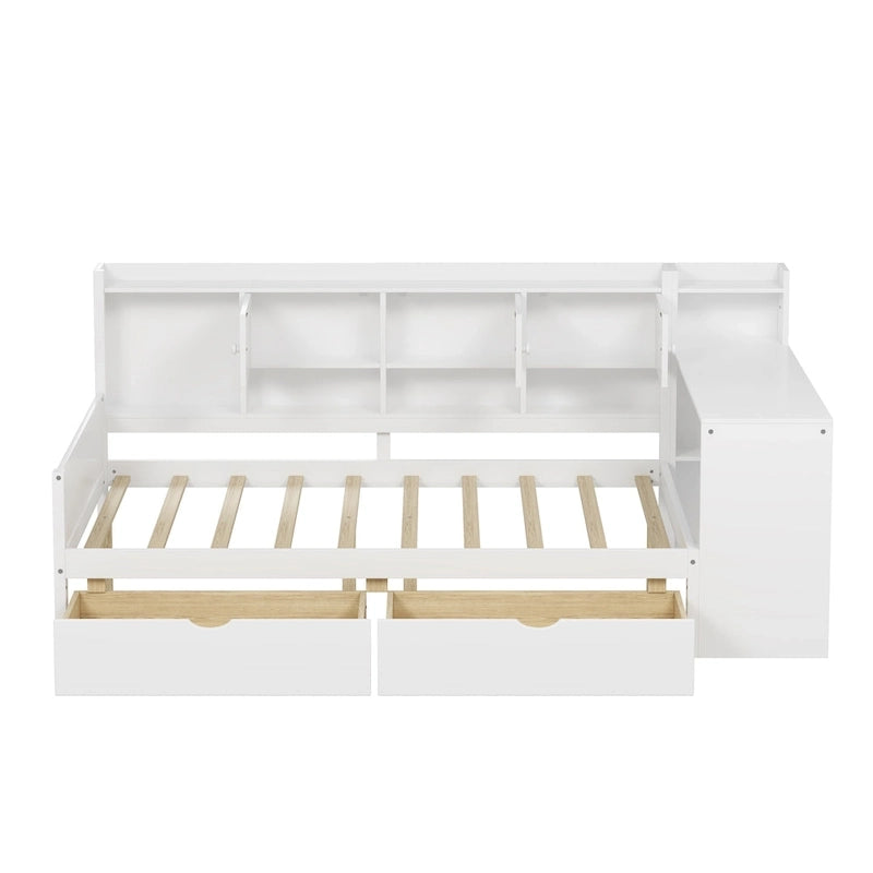 Canapé de jour d'angle en L naturel/blanc avec rangement et bureau, une place