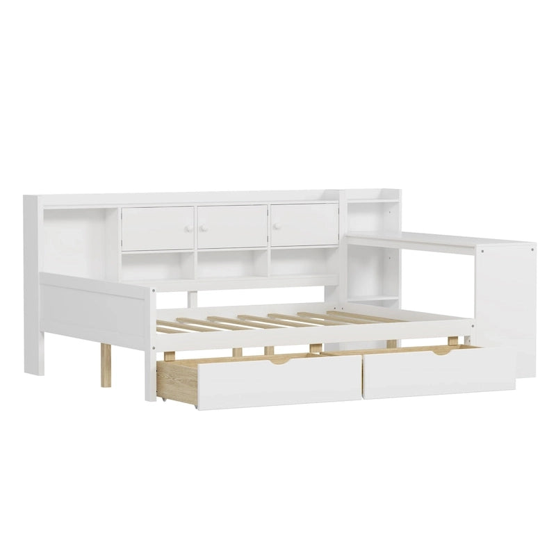 Canapé de jour d'angle en L naturel/blanc avec rangement et bureau, une place