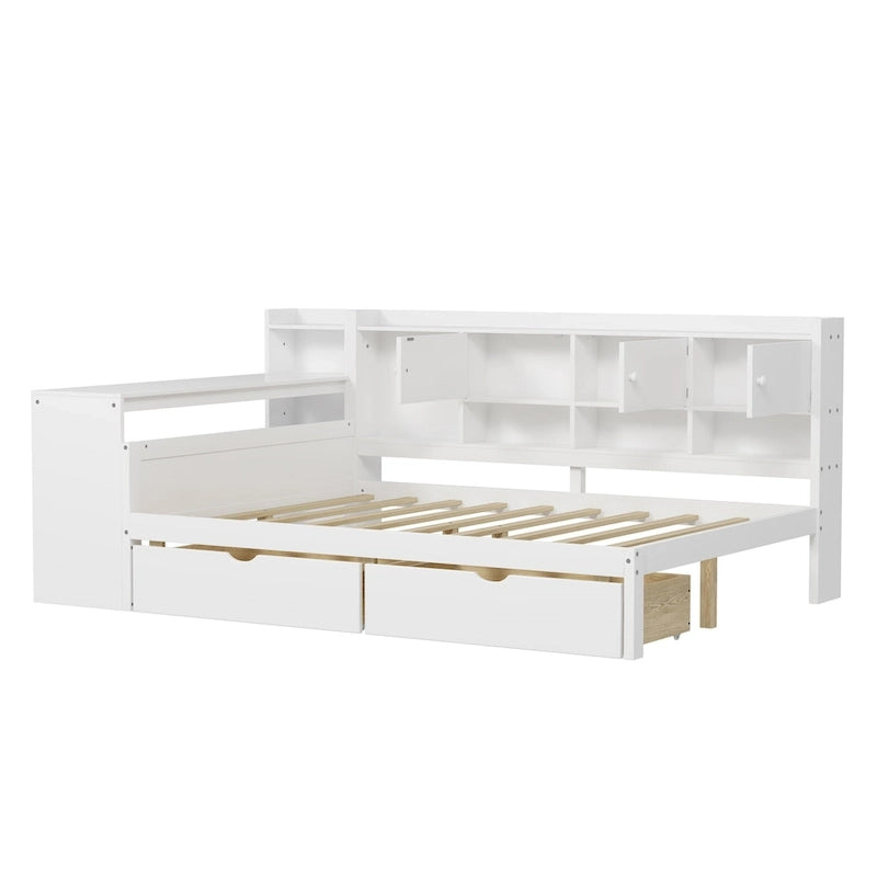 Canapé de jour d'angle en L naturel/blanc avec rangement et bureau, une place