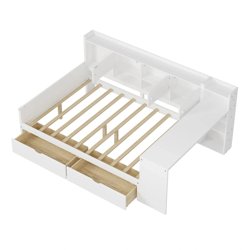 Canapé de jour d'angle en L naturel/blanc avec rangement et bureau, une place