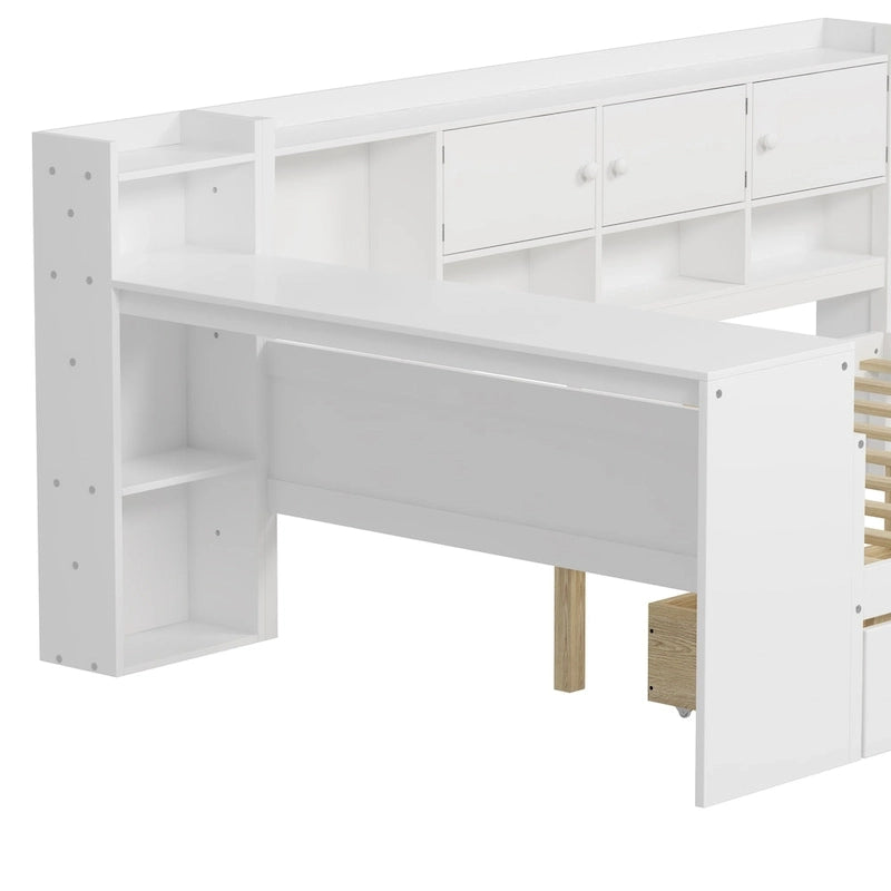 Canapé de jour d'angle en L naturel/blanc avec rangement et bureau, une place