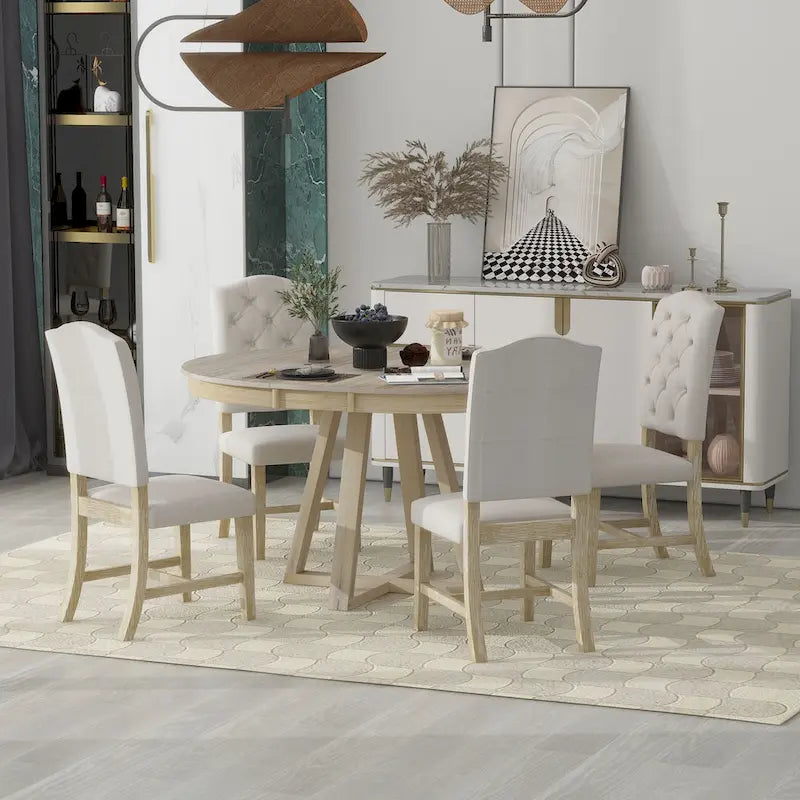 Ensemble table à manger extensible 5 places (ronde à ovale) avec 4 chaises rembourrées, coloris Noyer naturel