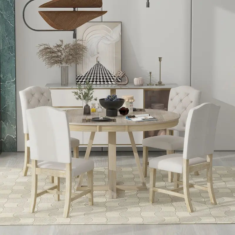 Ensemble table à manger extensible 5 places (ronde à ovale) avec 4 chaises rembourrées, coloris Noyer naturel