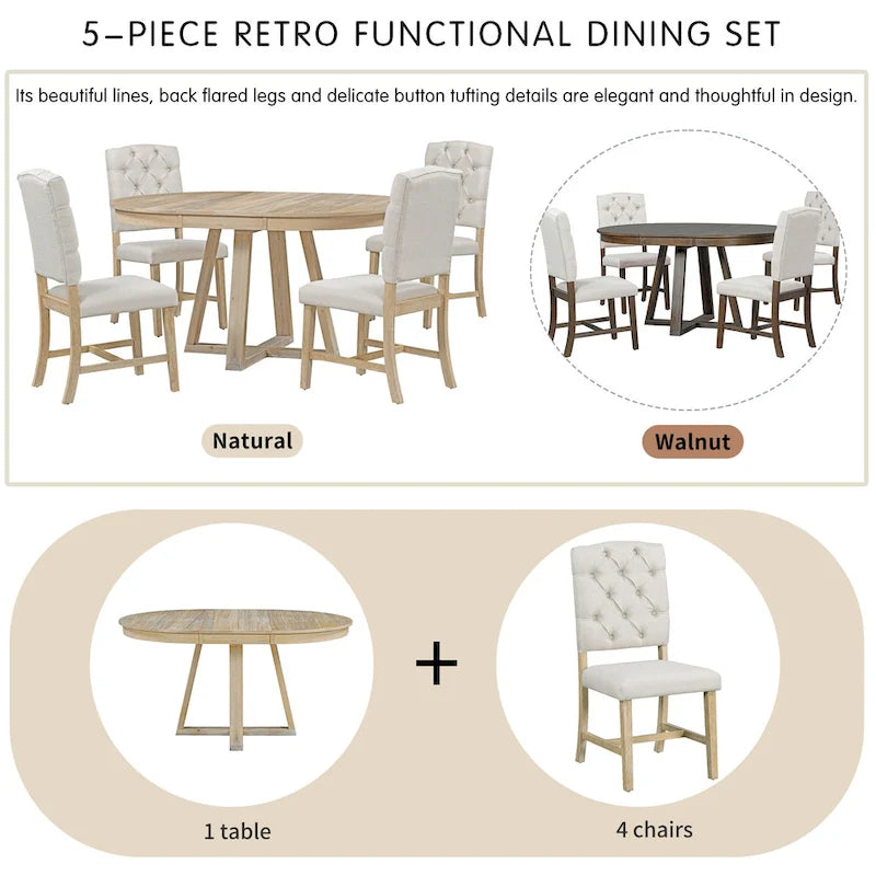 Ensemble table à manger extensible 5 places (ronde à ovale) avec 4 chaises rembourrées, coloris Noyer naturel
