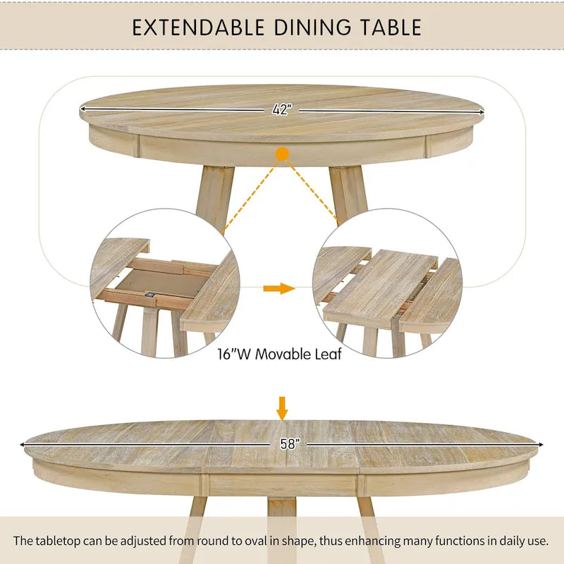 Ensemble table à manger extensible 5 places (ronde à ovale) avec 4 chaises rembourrées, coloris Noyer naturel