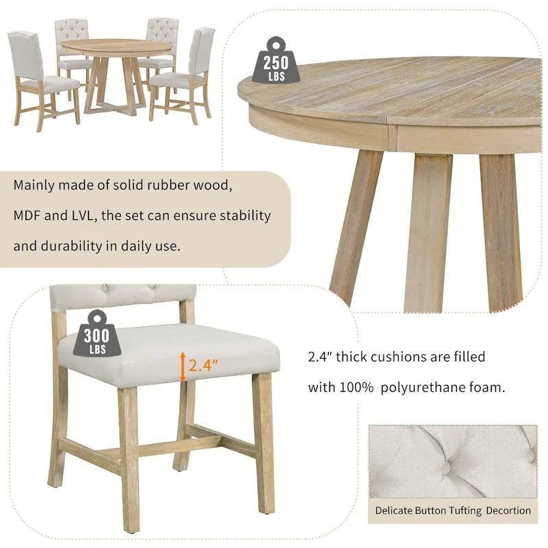 Ensemble table à manger extensible 5 places (ronde à ovale) avec 4 chaises rembourrées, coloris Noyer naturel