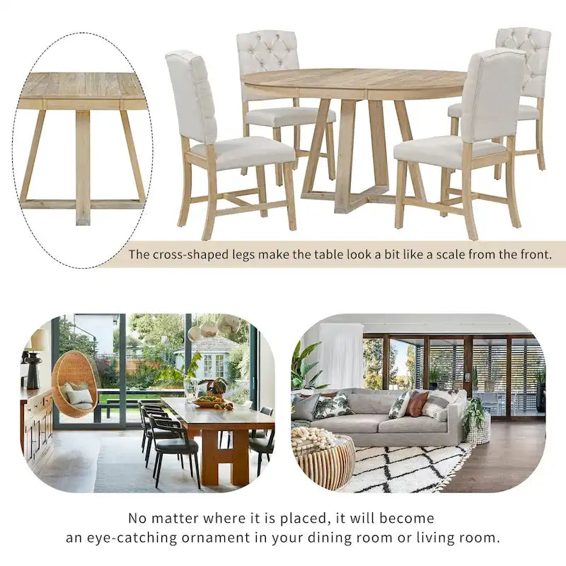 Ensemble table à manger extensible 5 places (ronde à ovale) avec 4 chaises rembourrées, coloris Noyer naturel