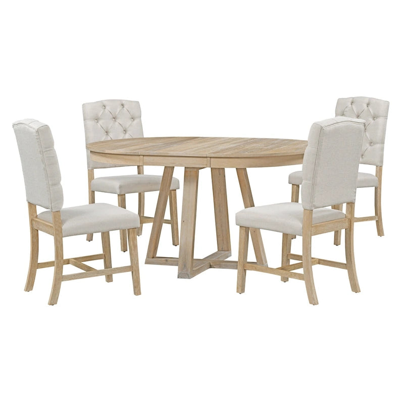 Ensemble table à manger extensible 5 places (ronde à ovale) avec 4 chaises rembourrées, coloris Noyer naturel
