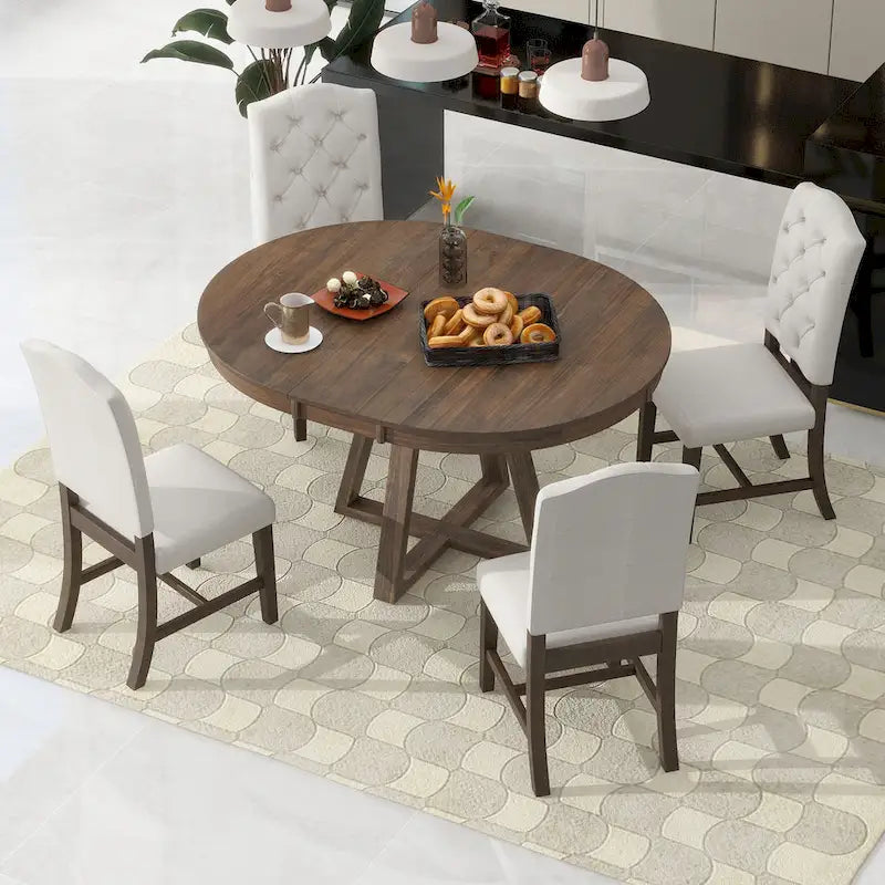 Ensemble table à manger extensible 5 places (ronde à ovale) avec 4 chaises rembourrées, coloris Noyer naturel