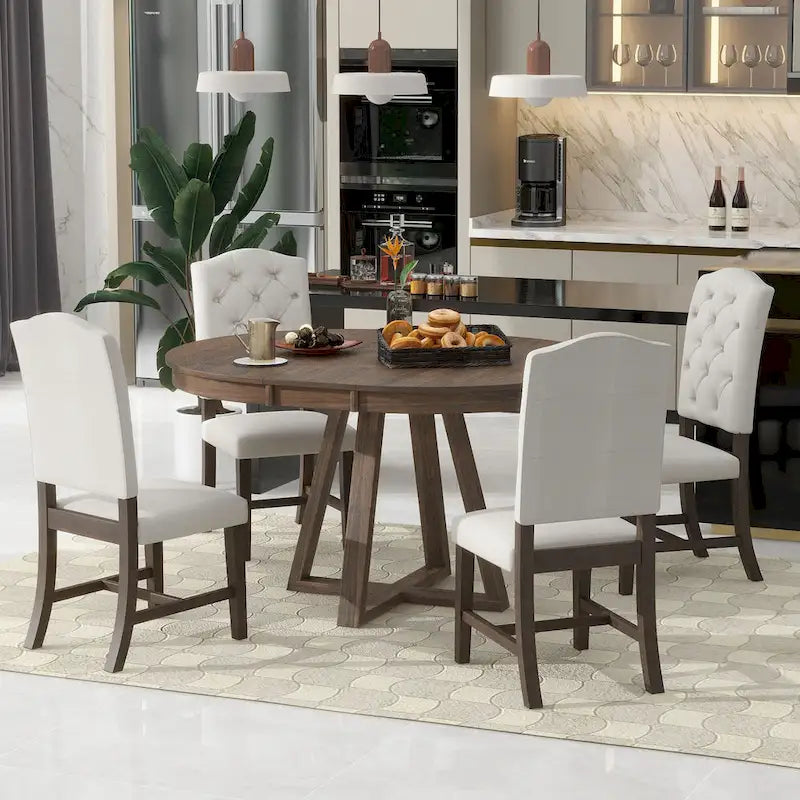 Ensemble table à manger extensible 5 places (ronde à ovale) avec 4 chaises rembourrées, coloris Noyer naturel