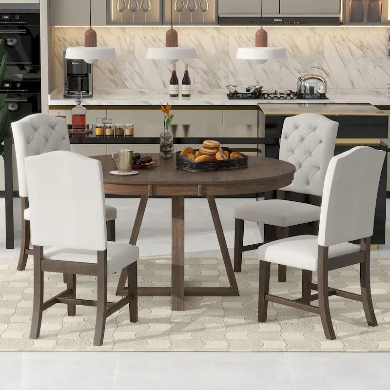 Ensemble table à manger extensible 5 places (ronde à ovale) avec 4 chaises rembourrées, coloris Noyer naturel