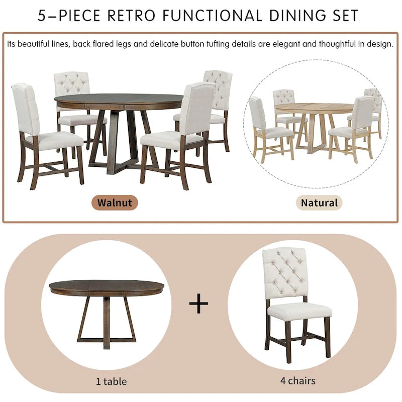Ensemble table à manger extensible 5 places (ronde à ovale) avec 4 chaises rembourrées, coloris Noyer naturel