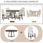 Ensemble table à manger extensible 5 places (ronde à ovale) avec 4 chaises rembourrées, coloris Noyer naturel