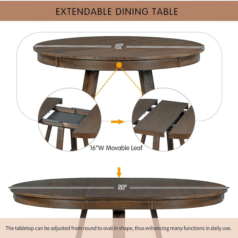 Ensemble table à manger extensible 5 places (ronde à ovale) avec 4 chaises rembourrées, coloris Noyer naturel
