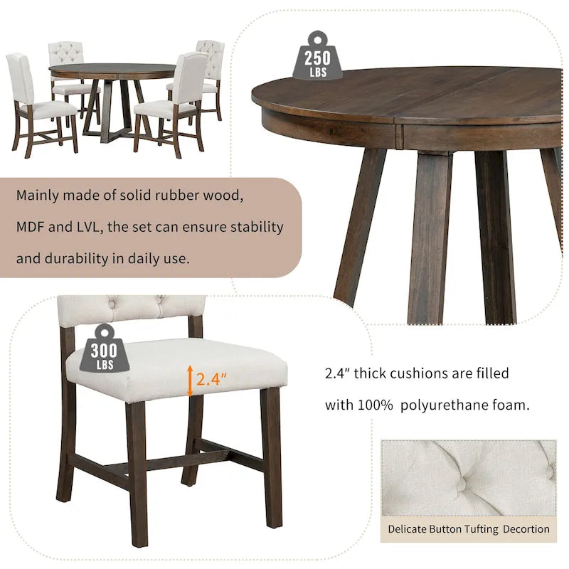 Ensemble table à manger extensible 5 places (ronde à ovale) avec 4 chaises rembourrées, coloris Noyer naturel