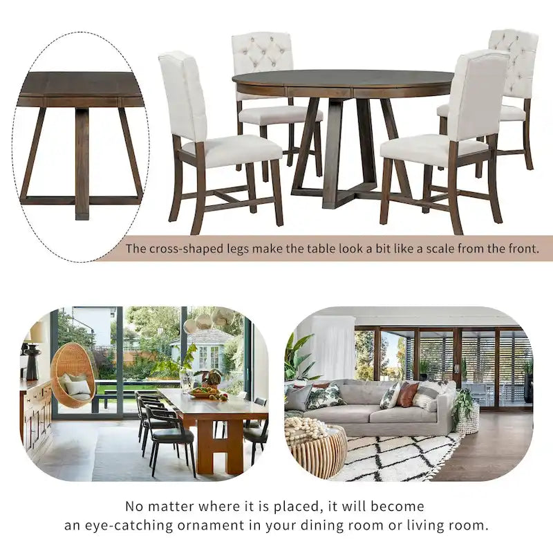 Ensemble table à manger extensible 5 places (ronde à ovale) avec 4 chaises rembourrées, coloris Noyer naturel