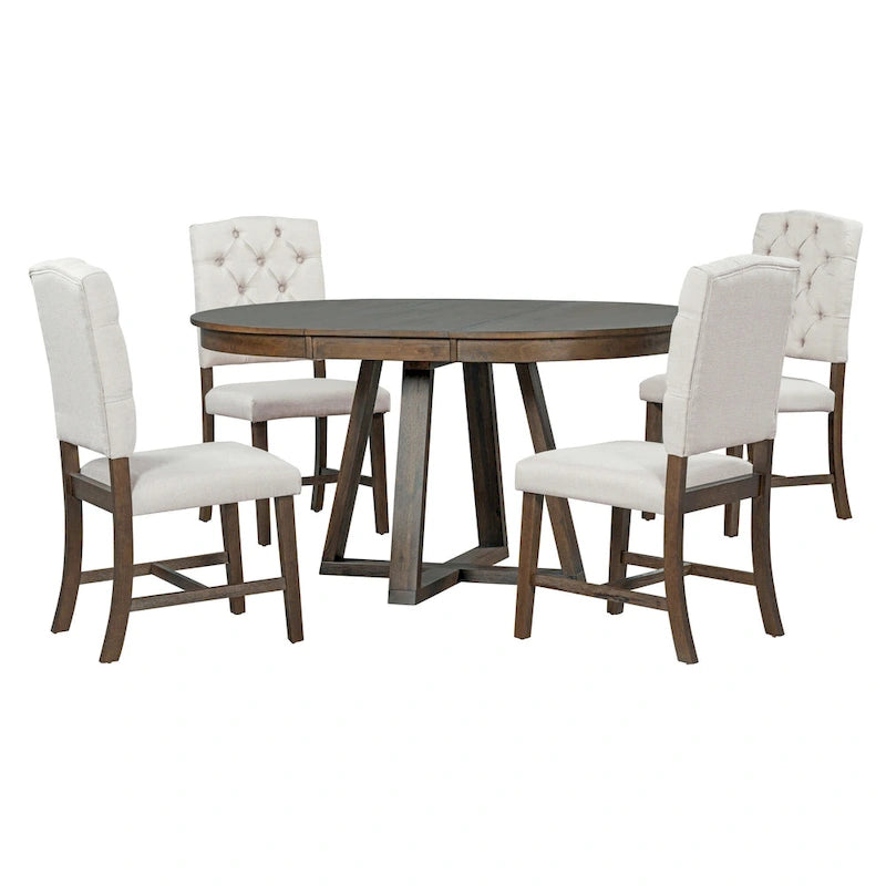 Ensemble table à manger extensible 5 places (ronde à ovale) avec 4 chaises rembourrées, coloris Noyer naturel