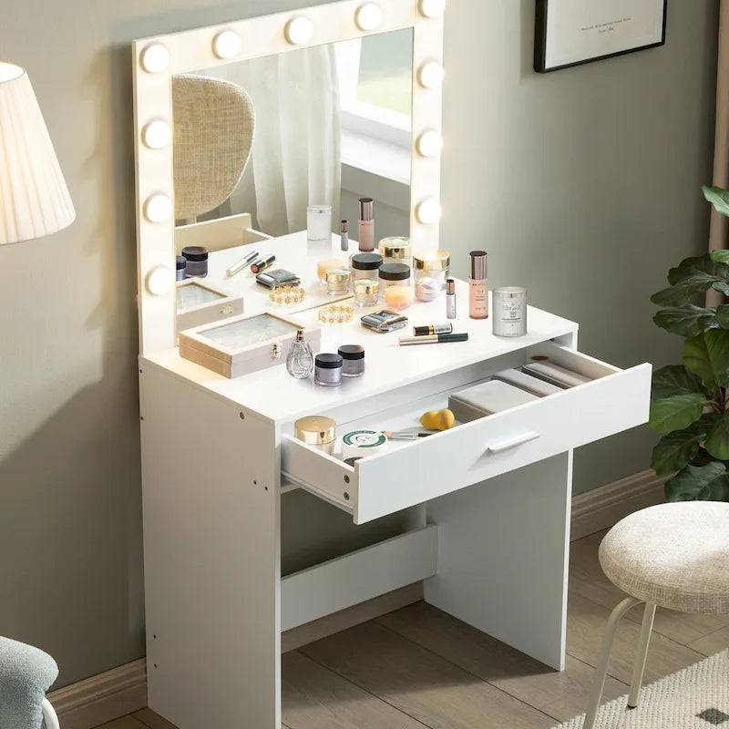 Coiffeuse avec éclairage LED, une personne, rose/blanc/noir
