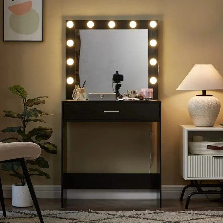 Coiffeuse avec éclairage LED, une personne, rose/blanc/noir