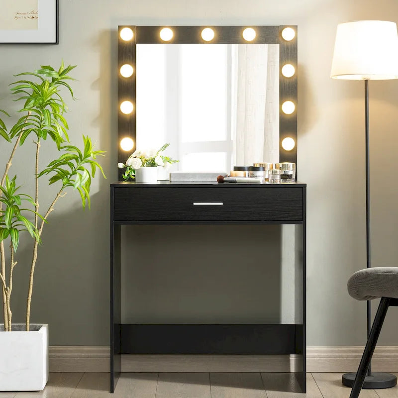 Coiffeuse avec éclairage LED, une personne, rose/blanc/noir