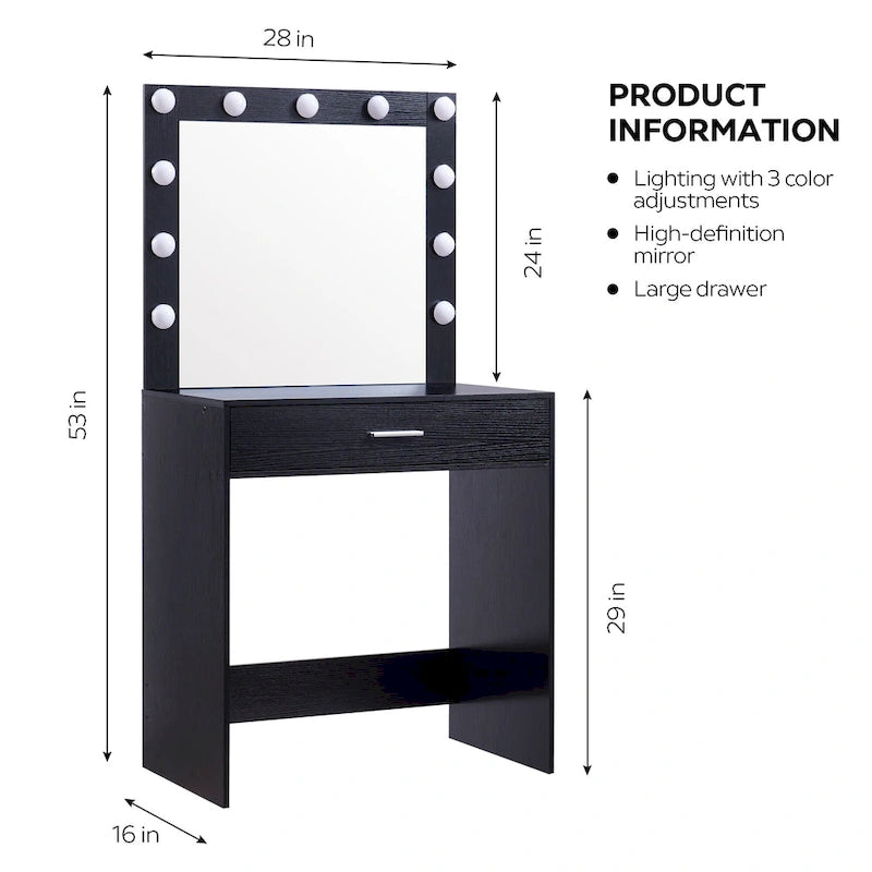 Coiffeuse avec éclairage LED, une personne, rose/blanc/noir