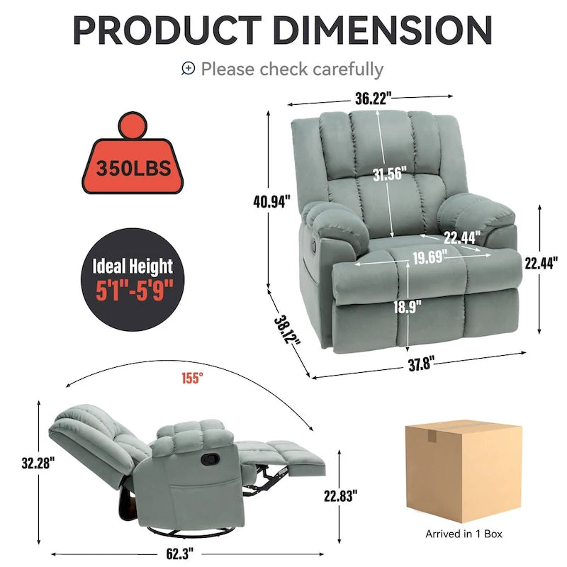 Fauteuil inclinable en tissu surdimensionné bleu / vert / beige avec pivotement à 360° et fonction bascule, simple