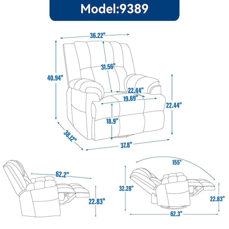 Fauteuil inclinable en tissu surdimensionné bleu / vert / beige avec pivotement à 360° et fonction bascule, simple
