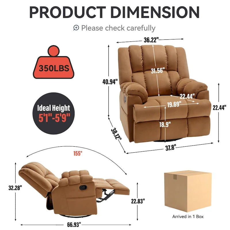 Fauteuil inclinable en tissu surdimensionné bleu / vert / beige avec pivotement à 360° et fonction bascule, simple