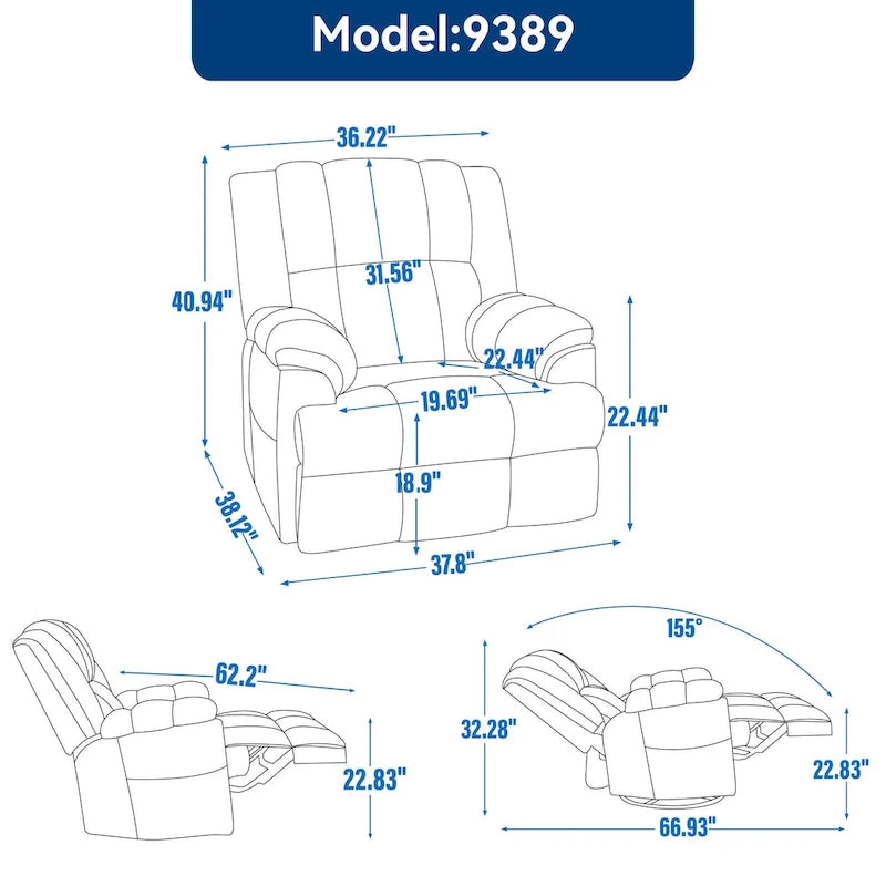 Fauteuil inclinable en tissu surdimensionné bleu / vert / beige avec pivotement à 360° et fonction bascule, simple