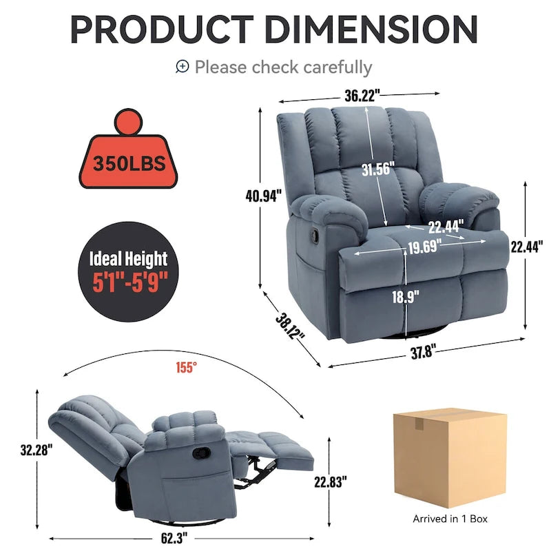 Fauteuil inclinable en tissu surdimensionné bleu / vert / beige avec pivotement à 360° et fonction bascule, simple
