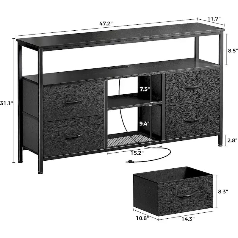 Meuble TV noir avec lumières LED, 4 tiroirs en tissu et étagère ouverte, convient aux téléviseurs jusqu'à 65"